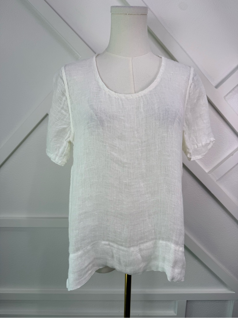 NWOT FLAX White 100% Linen Gauze Sheer Short Sleeve Lagenlook Blouse Top Size P